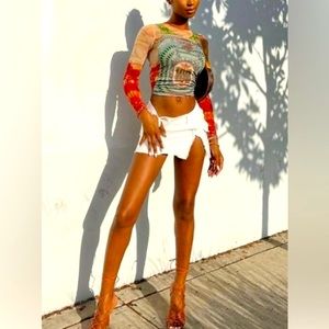 Unique Banknote Long Sleeve Graphic Crop Sexy Mesh Sheer Streetwear T Shirts